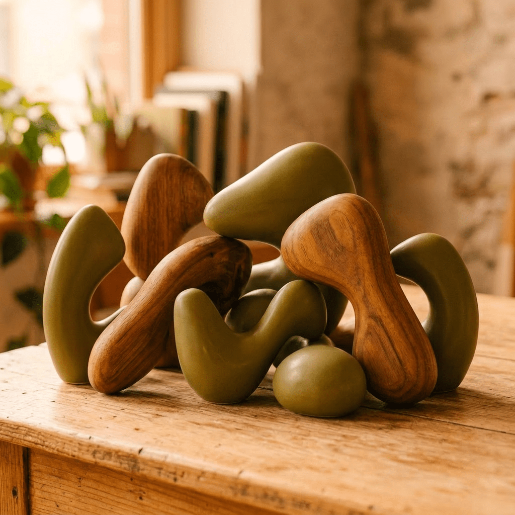 Abstract green and wooden organic-shaped sculptures arranged on a wooden surface